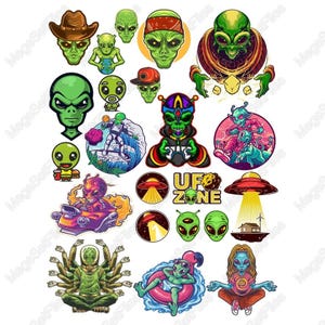 Colorful Alien Clipart Set in SVG PNG | Retro Sci-Fi Theme | Fun Illustrations for Crafts or Designs