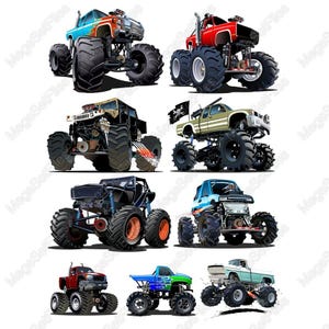 Monster Truck Clipart Set - Bold Cartoon Style - SVG PNG Files for Kids' Projects and Crafts