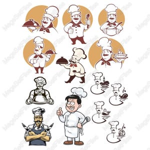 Conjunto de imágenes prediseñadas de chef encantador: personajes culinarios de dibujos animados en SVG, PNG para la marca del restaurante y la decoración de la cocina