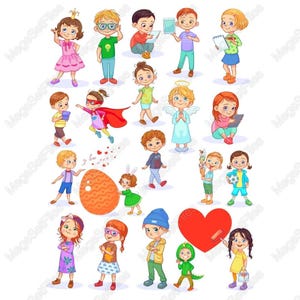 Cute Kids Clipart Set SVG PNG, Cartoon Children with Accessories, Colorful Characters for Crafts & Personal Projects