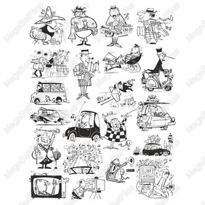 Zestaw clipartów w stylu komiksu retro premium SVG PNG | Ilustracje w stylu vintage w czerni i bieli | Zabawne postacie i pojazdy | Sztuka w wysokiej rozdzielczości