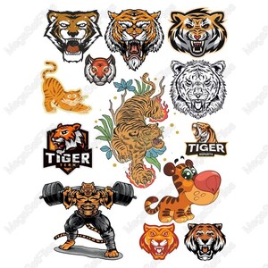 Paquete de imágenes prediseñadas de tigre feroz en SVG, PNG / Estilos deportivos, de dibujos animados y retro para manualidades y logotipos de equipos