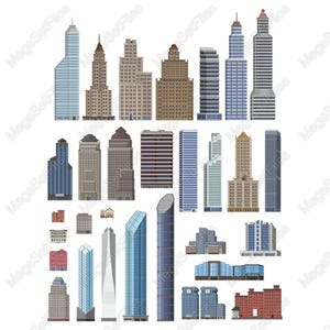 Wolkenkratzer Stadtbild Clipart-Set, Architektonisches Thema, Illustrativer Stil, SVG & PNG, Urban Building Designs