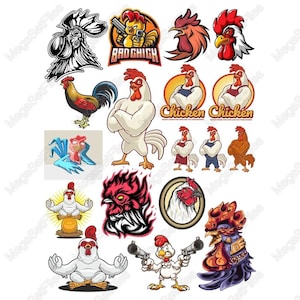 Conjunto de imágenes prediseñadas SVG PNG de gallo vibrante: estilo de dibujos animados, diseños de tatuajes retro, decoración de casas de campo