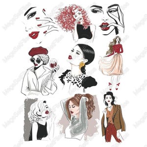 Illustrazione di moda chic Clipart in SVG, PNG - Arte femminile glamour, donne eleganti, accenti rossi e neri