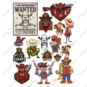 Vintage Western Clipart Bundle in Cowboy Theme, SVG & PNG, Rustic Cartoon Style, Kids Adults Art, Bold Colors