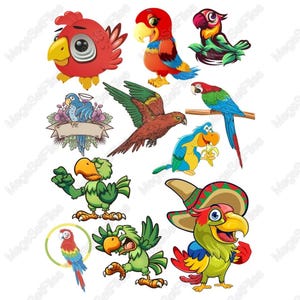 Set di clipart di pappagalli vivaci in stile cartone animato, file SVG e PNG, illustrazioni di uccelli colorati per lavoretti per bambini