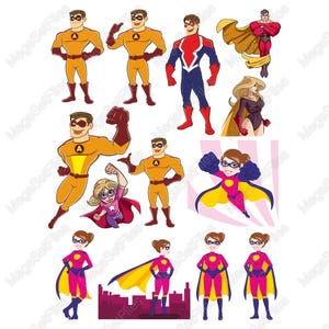 Conjunto de imágenes prediseñadas de superhéroes: estilo de dibujos animados llamativos en SVG, PNG para manualidades infantiles e invitaciones a fiestas