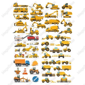Set di clipart di veicoli da costruzione in SVG, PNG / camion gialli dei cartoni animati, escavatori per progetti per bambini