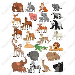 Diverse Animal Family Clipart Set SVG PNG | Wildlife Illustration for Kids - Vibrant Cartoon Style, 4000x4000 px
