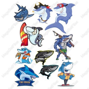 Cartoon Shark Clipart Set in SVG, PNG | Fun & Adventure Style | Surf, Pirate, Warrior Art Elements