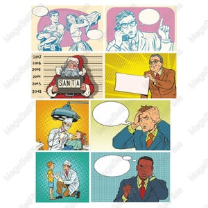 Conjunto de imágenes prediseñadas de estilo cómic retro, personajes de arte pop, burbujas de diálogo, SVG PNG