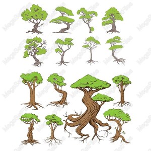 Whimsical Tree Clipart Set in Green and Brown, Nature Cartoon Style SVG PNG 4000px for Crafts and Design Projects