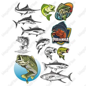 Ensemble de cliparts poissons vibrants SVG PNG - thème de la pêche, art de la faune marine, illustrations colorées de poissons de sport