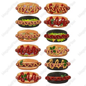 Ensemble de cliparts pour hot-dog gastronomique - dessin animé Style SVG PNG, éléments alimentaires colorés, graphiques de soirée barbecue