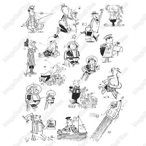 Conjunto de figuras de dibujos animados retro SVG PNG: ilustraciones en blanco y negro de estilo cómic para proyectos de diseño y manualidades