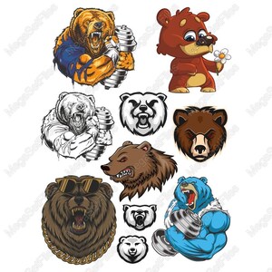 Fierce Bear Vector Art Mega Pack - Roaring Bear SVG PNG, Cartoon Bear Clipart, Gym Themed, Brown White Blue Bears