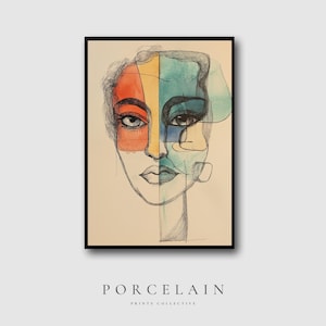 Abstract Face Line Art | Split Color Portrait Painting, Watercolor Line Drawing Printable, Modern Minimalist Wall Decor, Digital Download