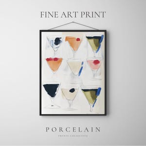 ファインアートプリント カラフルなマティーニグラスの絵画 | キッチンやバーに飾るモダンなカクテルポスタープリント、抽象的なドリンクの壁飾り