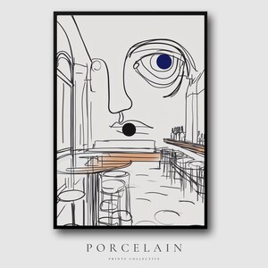 抽象的なカフェの印刷可能な壁アート | 黒と白のスケッチのデジタルダウンロード、フランスのビストロ風の装飾、ブラッスリーの絵、邪眼の絵