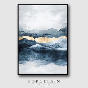 Calming Bathroom Art | Navy and Gold Mountain Landscape Print, Modern Abstract Wall Decor, Peaceful Digital Download for Home or Spa