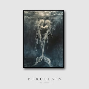 Mermaid Wall Art Printable | Surreal Ocean Fantasy Digital Download, Underwater Artwork, Mystical Sea Creature Poster, Dark Coastal Decor