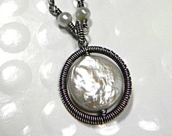 Coin Pearl Drop Wire Wrapped Necklace