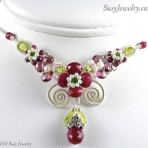 Wire Wrapped Necklace - Blooming Ruby Bouquet (Sterling Silver)