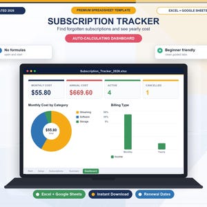 Könnte beinhalten: Eine digitale Abonnement-Tracker-Tabellenvorlage für Excel und Google Sheets auf einem Laptop-Bildschirm. Das Dashboard enthält ein Kreisdiagramm für monatliche Kosten nach Kategorien, ein Balkendiagramm für Abrechnungsarten und Kostenübersichten.