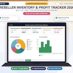 May include: A digital reseller inventory and profit tracker 2026 spreadsheet template displayed on a laptop screen. The dashboard features a pie chart for profit by platform, a bar graph for profit by month, and metrics for total sold, profit, and ROI.