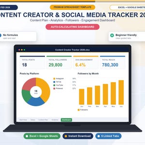 Pode incluir: Um modelo de planilha digital intitulado Content Creator & Social Media Tracker 2026 para Excel e Google Sheets. A interface exibe um painel de cálculo automático com métricas para total de postagens, seguidores, engajamento e alcance.