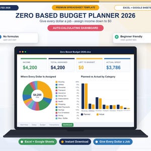 Könnte beinhalten: Eine digitale Null-basierte Budgetplaner-Vorlage für 2026 für Excel und Google Sheets auf einem Laptop-Bildschirm. Das Dashboard zeigt Kennzahlen zu Einkommen, zugewiesenem Budget, Restbudget und tatsächlichen Ausgaben sowie Diagramme.