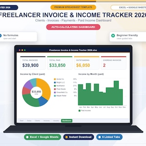 Könnte beinhalten: Eine digitale Freelancer Invoice & Income Tracker 2026 Tabellenvorlage auf einem Laptop-Bildschirm. Das Dashboard zeigt ein Kreisdiagramm für Einnahmen pro Kunde, ein Balkendiagramm für monatliche Einnahmen sowie Felder für Rechnungsbeträge.