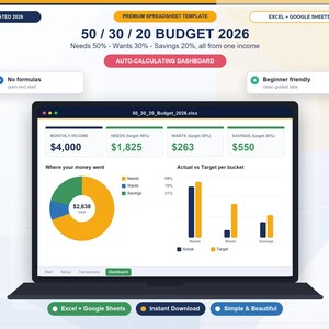 May include: A 50/30/20 budget 2026 spreadsheet template for Excel and Google Sheets displayed on a laptop screen. The dashboard features a pie chart, bar graphs, and auto-calculating fields for monthly income, needs, wants, and savings targets.