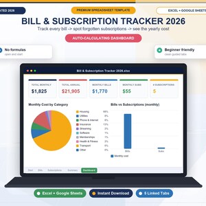 Könnte beinhalten: Eine digitale Bill & Subscription Tracker 2026 Tabellenvorlage für Excel und Google Sheets. Die Benutzeroberfläche zeigt ein Dashboard mit einem Kreisdiagramm, einem Balkendiagramm und Zusammenfassungsfeldern für monatliche und jährliche Kosten.