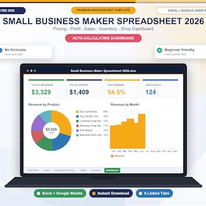 Könnte beinhalten: Eine digitale Tabellenvorlage für Kleinunternehmer mit dem Titel Small Business Maker Spreadsheet 2026. Die Benutzeroberfläche zeigt ein Dashboard mit Gesamtumsatz, Gewinn, Marge, verkauften Einheiten sowie Kreis- und Balkendiagrammen.