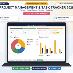 Project Management Spreadsheet | Task Tracker, Timeline, Budget & Dashboard | Excel + Google Sheets