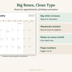 May include: A 2027 January wall calendar with large grid boxes, shaded weekend columns, and four lined rows for notes. The text reads Big Boxes, Clean Type, Room for appointments, birthdays and plans, and Example entries added for illustration.