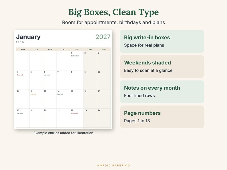 May include: A 2027 January wall calendar with large grid boxes, shaded weekend columns, and four lined rows for notes. The text reads Big Boxes, Clean Type, Room for appointments, birthdays and plans, and Example entries added for illustration.