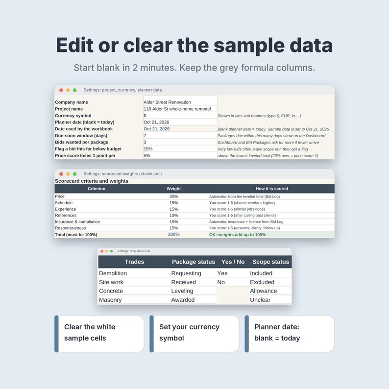 Contractor Bid Comparison Template, Construction Bid Leveling Spreadsheet, Quote Sheet image 11