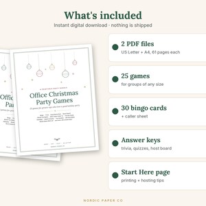 Pode incluir: Um conjunto digital imprim&iacute;vel de jogos para festas de Natal no escrit&oacute;rio, incluindo 2 arquivos PDF nos tamanhos US Letter e A4, 25 jogos, 30 cart&otilde;es de bingo com folha de chamada, gabaritos para quizzes e uma p&aacute;gina inicial com dicas.
