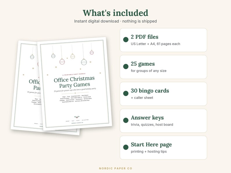 Pode incluir: Um conjunto digital imprim&iacute;vel de jogos para festas de Natal no escrit&oacute;rio, incluindo 2 arquivos PDF nos tamanhos US Letter e A4, 25 jogos, 30 cart&otilde;es de bingo com folha de chamada, gabaritos para quizzes e uma p&aacute;gina inicial com dicas.