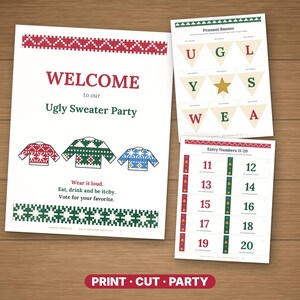 Kit imprimible para fiesta de suéteres navideños feos, boletas para concursos, premios, bingo e invitaciones. imagen 9