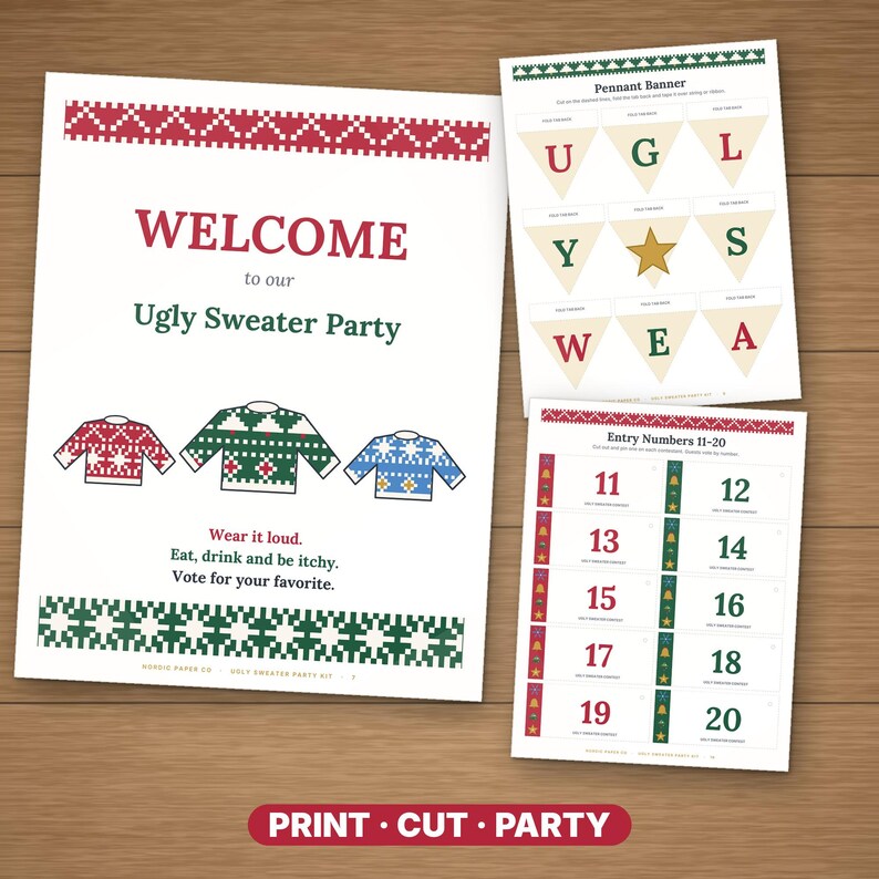 Kit imprimible para fiesta de suéteres navideños feos, boletas para concursos, premios, bingo e invitaciones. imagen 9