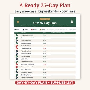 May include: A 25-day holiday activity planner chart with a dark green header, white background, and red text accents. The document lists daily tasks from December 1-25, including activity names, time estimates, and a blank column for swap-in ideas.