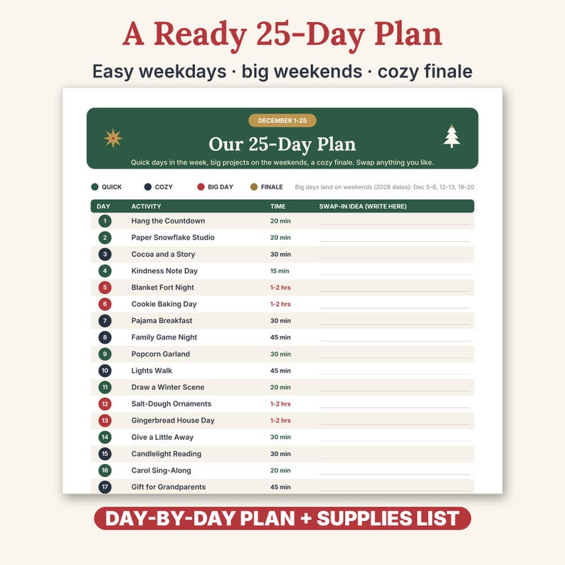 May include: A 25-day holiday activity planner chart with a dark green header, white background, and red text accents. The document lists daily tasks from December 1-25, including activity names, time estimates, and a blank column for swap-in ideas.