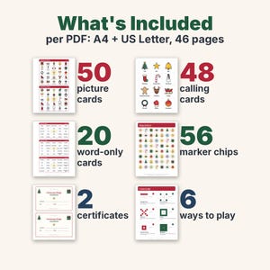 Bingo navideño imprimible, 50 tarjetas de bingo con imágenes únicas para niños, adultos y grupos grandes, juego para el aula y fiestas familiares. imagen 2
