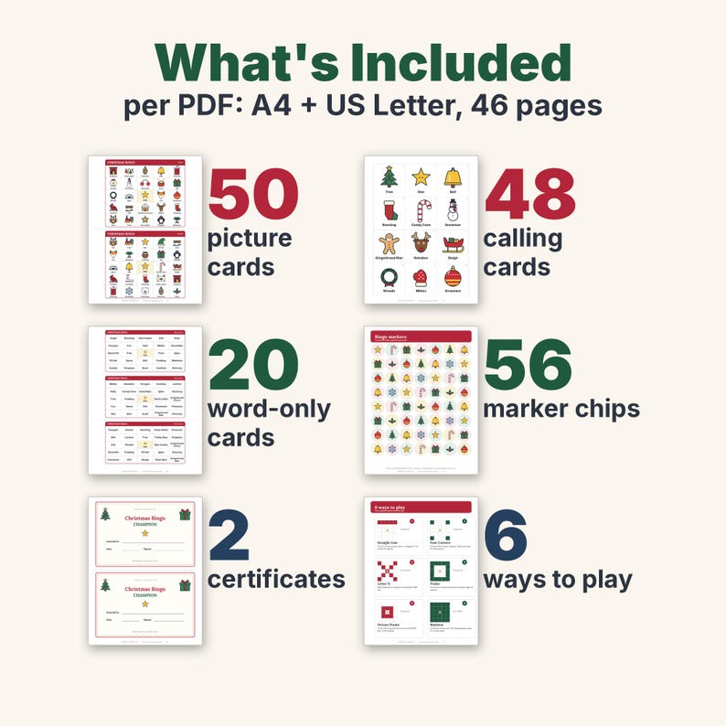Bingo navideño imprimible, 50 tarjetas de bingo con imágenes únicas para niños, adultos y grupos grandes, juego para el aula y fiestas familiares. imagen 2