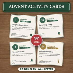 May include: A set of 97 Advent Activity Cards featuring daily holiday tasks. Each card displays a date, activity title, instructions, and required items. The cards are cream-colored with green and gold accents, presented with a 25-day plan label.