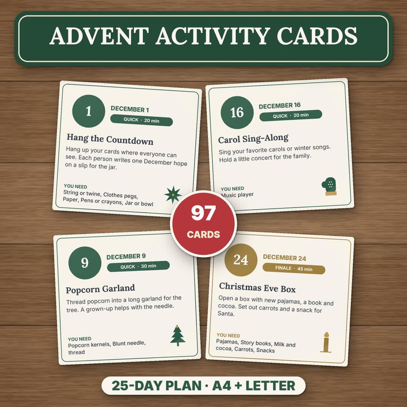 May include: A set of 97 Advent Activity Cards featuring daily holiday tasks. Each card displays a date, activity title, instructions, and required items. The cards are cream-colored with green and gold accents, presented with a 25-day plan label.